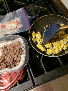 Scrambled eggs with cheese and sausage, easy breakfast idea 1