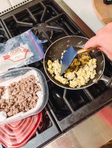 Scrambled eggs with cheese and sausage, easy breakfast idea 1